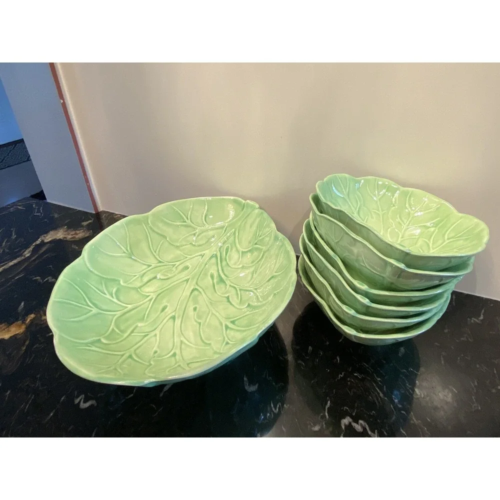 Green Cabbage Leaf Ceramic 7 Piece Salad Bowl Set